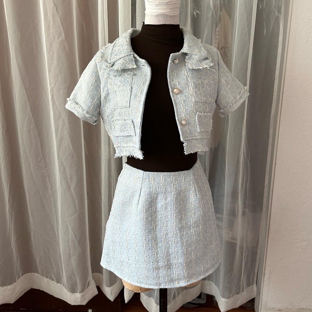 Two Piece Sky Blue Tweed Set